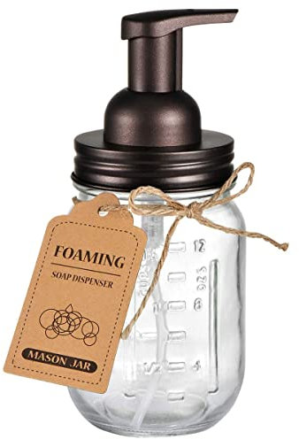 Amolliar Mason Jar Foaming Soap Dispenser - Rustproof Stainless Steel Lid, BPA Free Foam Pump,With Chalkboard Labels - Rustic Farmhouse Decor Hand Soap Dispenser Bathroom Accessories – Bronze (1 Pack)