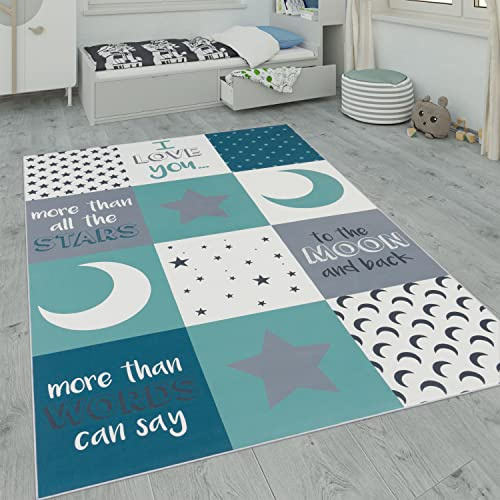 Paco Home Alfombra Infantil, Alfombra Habitación Infantil con Motivos De Estrellas, Luna Y Cuadros, tamaño:120x160 cm, Color:Turquesa