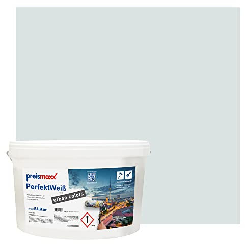 Preismaxx Perfektweiß urban colors, bunte Wandfarbe, grau, aquagrau, aqua grey 5L, Innenfarbe, hohe Deckkraft Klasse 2, matt