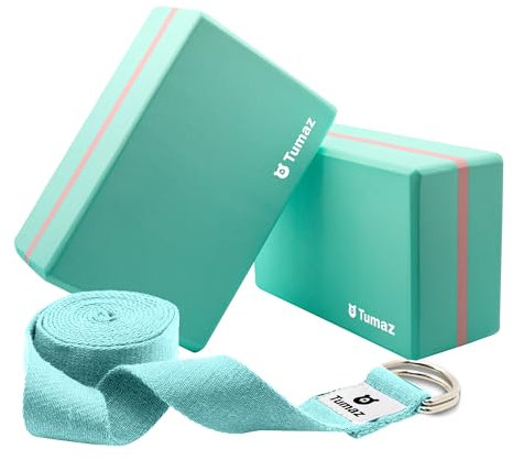 Tumaz Yoga Blöcke 2er Set - 240cm Gurt inklusive - EVA-Schaum (60x90x150mm) - hochdicht, nur 340g pro Stück - für alle Niveaus