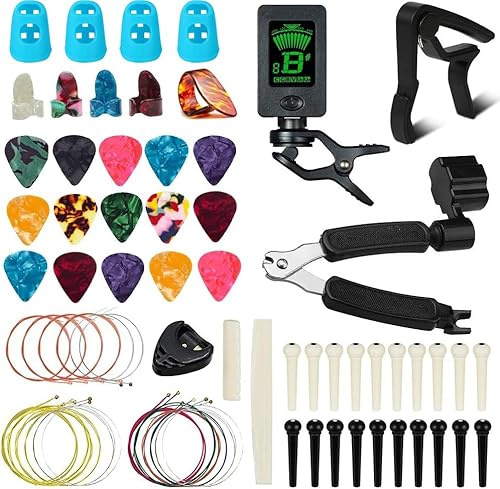 FOVERN1 72-teiliges Gitarren-Werkzeug-Set mit Gitarrenplektren, Kapodaster, Stimmgerät, Gitarrensaiten, 3-in-1-Saitenwickler, Stegstifte, 6 Saiten-Knochenbrückensattel und Mutter, Fingerplektren