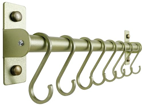Dseap Kitchen Utensil Holder Hanger, Pot and Pan Rack wall Mounted, Kitchen Rail with 8 Hooks for Hanging Cooking Utensils, Mugs, Spoons, Wall Mounted, Champagne Color