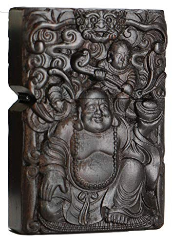 Briquet sculpté en bois d'ébène naturel noir avec boîtier extérieur pour kit d'insertion Zippo (Happy Laugh Maitreya Bouddha 2#)