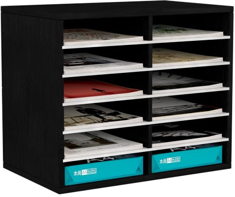 EasyPAG 12 Fächer Holz A4 Büro Schreibtisch Organizer Dokumentenhalter Aktenablage Zeitschriftenhalter Briefablage Papier Magazin Organisator,Schwarz