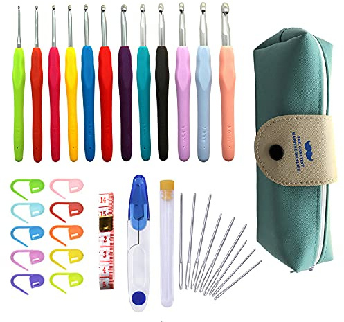 Juego de agujas de tejer de hilo de ganchillo, arco iris, juego de 37 piezas, mango de agarre suave con bolsa de almacenamiento