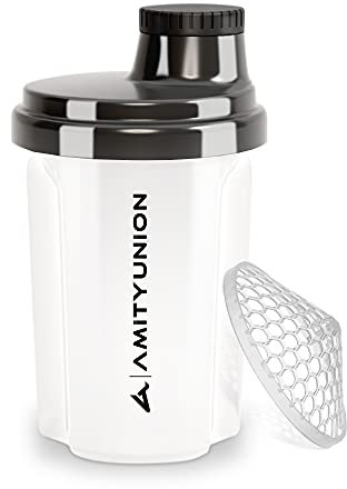 AMITYUNION Coctelera de proteínas 300 ml Heaven a prueba de fugas, sin BPA con tamiz y escala que se pueden hacer clic para batidos cremosos de suero, mezclador de proteínas, original en blanco negro