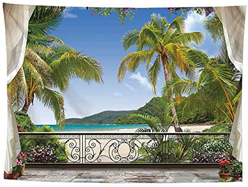 izielad Balkon Meer Ozean Strand Palme Tapisserie Wandbehang Dekoration für Wohnung Wohnheim Schlafzimmer Wohnzimmer 150X230CM 59X90.5IN