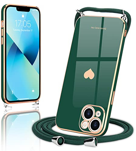 Wirvyuer Handyband Kompatibel mit iPhone 13 Handyhülle Necklace Hülle mit Band zum Umhängen Kameraschutz Liebesherz Schutzhülle mit Halsband Galvanik Silikon Umhängetasche für iPhone 13 Dunkelgrün