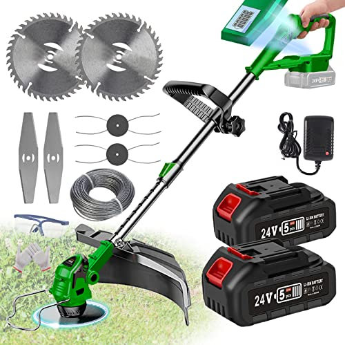 EJOYDUTY Desbrozadora eléctrica con batería y cuchillo, 24 V, desbrozadora eléctrica, cuchilla de repuesto de 14,16 cm de ancho de corte, 2 baterías de 2 Ah.