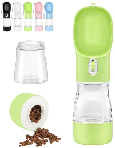 Borraccia per Cani Portatile 285ML, 2 in 1 Borraccia Cane Portatile, Verde | Anti-Perdita, Contenitore per Alimenti, Dispenser per Passeggiate, Viaggi, Escursioni per Cani e Gatti All'Aperto