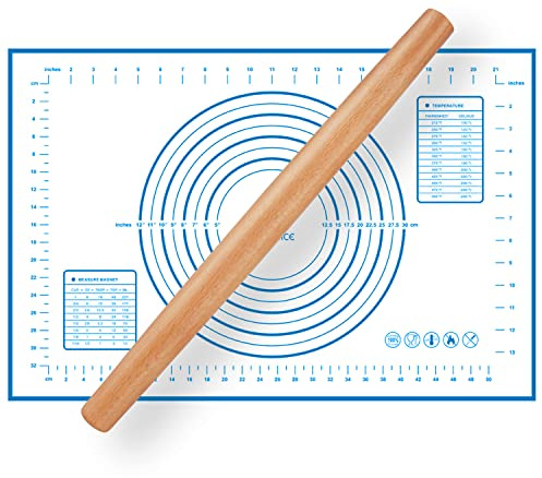 Wood French Rolling Pin for Baking, QUELLANCE Wooden Dough Roller with Silicone Baking Mat, Beech Wood Rolling Pins for Baking Dough, Pizza, Pie, Pastries, Pasta and Cookies,Blue Pastry Mat