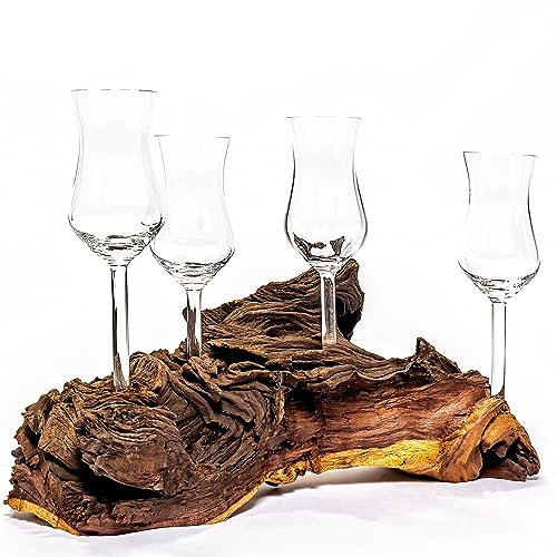 Deggelbam 4 bicchierini da grappa/radice di grappa, nobili su una radice in vero legno. Ogni pezzo è unico. Perfetto come regalo per la festa del papà