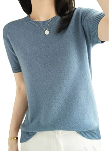 ORANDESIGNE Pull en Faux Cachemire Femme Pull en Tricot Elégant Pullover Couleur Unie Léger Casual Manches Courtes Col Rond Pull Tricoté Hauts en Maille Chandail Printemps Été A Bleu L