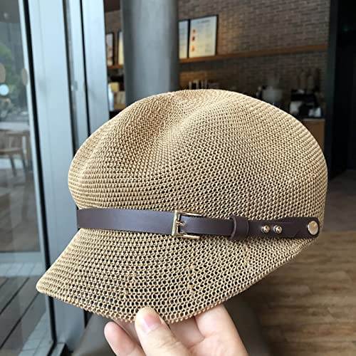 Baskenmütze Damen Achteckige Kappe Stroh Frauen Sommer Dünne Zeitungsjunge Kappe Maler Verstellbare Baskenmütze Mesh Atmungsaktiver Strand Strohhut,Khaki,56-58Cm