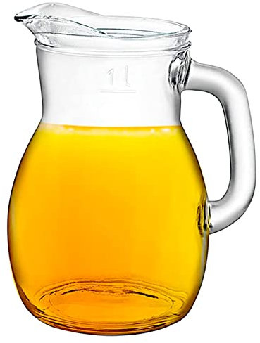 Tradineur - Brocca in vetro per servire acqua, bevande fredde, limonata, tè freddo, succo di frutta, trasparente, resistente, frigorifero, cucina, 1,16 litri, 18,5 x 12 x 14,8 cm