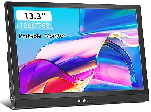 Bnztruk Moniteur Portable 13,3 HDMI Petit écran Externe HD 1366 x 768 avec HDMI pour Ordinateur Portable, PS4, Xbox, Raspberry Pi, 60 Hz, PC 16:9, Plug & Play, Fin et léger