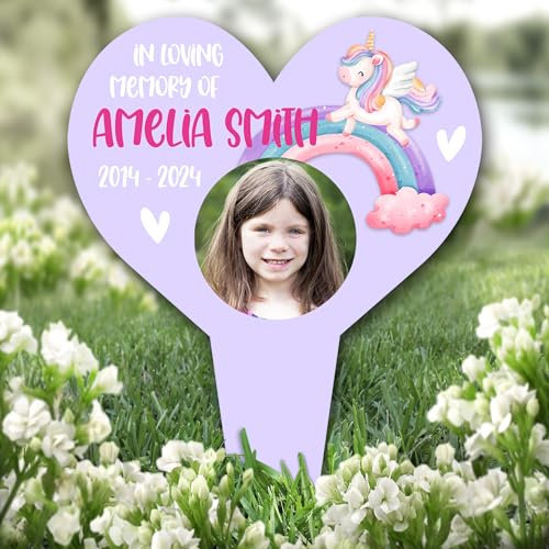 Heart Young Girl Child Unicorn Photo Purple Grave Garden Plaque Memorial Stake |Personalised In Loving Memory Remembrance Memorial Plaque Grave Decoration Marker Garden Ground Stake