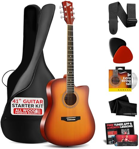 Pyle Steel String Acoustic Guitar Kit, 4/4 Full Size Cutaway All-Wood Guitarra Acustica with Premium Accessory Set and Upgraded Gig Bag, 41 Cherry Burst, Glossy