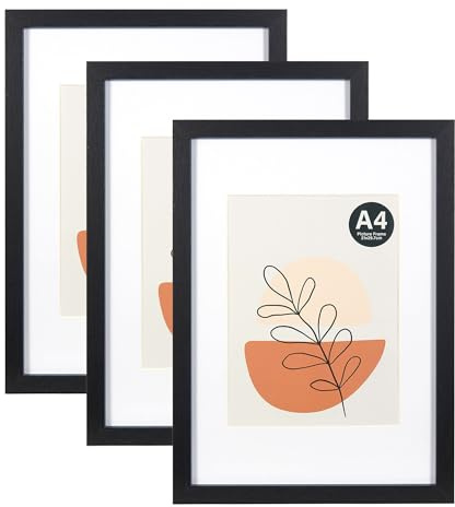 KAIWIN Bilderrahmen A4 Schwarz 3er Set, 21x29.7cm-mit Passepartout 15x20cm, Bilderrahmen Din A4 Holz mit Acrylglas zum aufhängen und aufstellen, Für Fotos, Poster, Puzzles| Posterrahmen