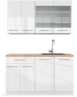 Vicco Singleküche Fame-Line, Weiß Hochglanz/Weiß, 140 cm | 4 Module · Höhenverstellbare Füße · AP Eiche inkl. · MDF-Fronten · Softclose · Metallgriffe