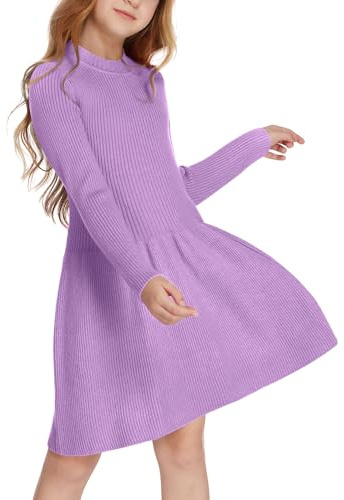 Arshiner Robe Pull pour Fille - Automne - Hiver - Manches Longues - en Tricot - Flare Skater - Ligne A - Couleur Unie - Basic - pour Les Loisirs