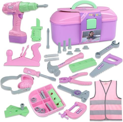 Magic4U Ensemble d'outils pour enfants, 31 pièces, boîte à outils pour enfants, jouets avec marteau électrique, jouet de construction pour filles et garçons âgés de 3 à 8 ans
