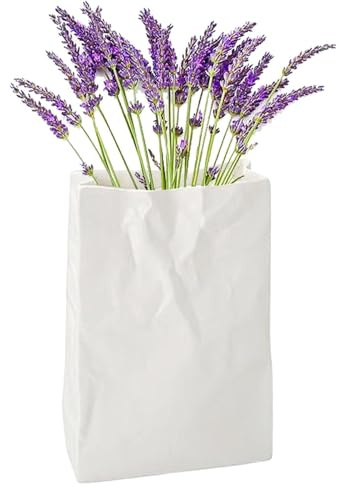 usefulbeauty Blumenvase in Form Einer Papiertüte | Buchvase, Blumenvase, Keramikvase aus weißer Papiertüte, kleine Vasen mit Falten, groß, quadratisch, einzigartig für zu Hause