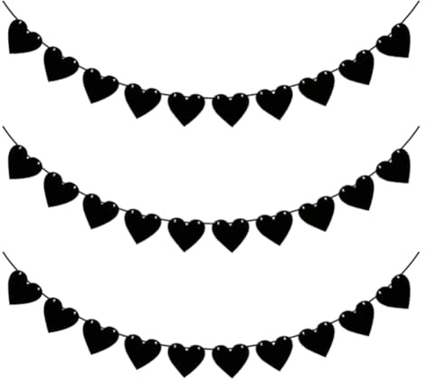 FSSTUD Filz-Herz-Girlande, schwarzes Herz-Banner, Gothic-Stil, Hochzeitsbanner, Valentinstag, Junggesellinnenabschied, Banner, Halloween, Heimdekoration, Girlande, 3 Stück
