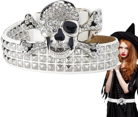 Punk-Rock-Nietengürtel, für Herren, Punk-/Totenkopf-Gürtel, Damen, Skelett-Taillengürtel mit Strass – Nieten, Punk-Rock-Gürtel für den Alltag, Partys, Cosplay-Veranstaltungen, weiß, Refer to
