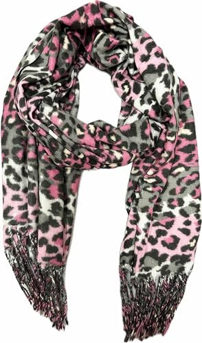 Jeamis XXL Farbverlauf Leopard Herbst Schal Winter Schal Stola Tuch Übergangsschal Wolle Baumwolle mit Fransen Leo (Pink)