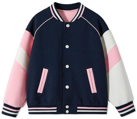 Rolanko Chaqueta de Béisbol para Niñas y Niños Estilo Varsity Sudadera Escolar con Bolsillos Abrigo Bomber para Niños, Rosa marino, Talla: 170, 13-14 años