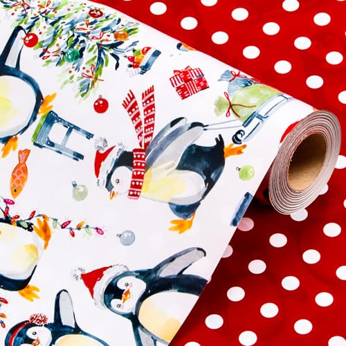 Wikadlik Weihnachts-Geschenkpapier-Rolle, 43 cm x 10 m, weißer Schneemann, Pinguin, der Zuckerstange hält, rote Punkte, Geschenkpapier für den Winter, festliche Partys