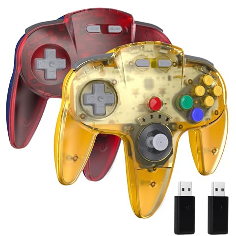miadore 2 Pack Wireless N64 Switch Controller für Switch 1/2/OLED/Lite | PC-Controller mit 2.4-GHz-USB-Empfänger,Plug & Play,Eingebaute Vibration,Für PC,MAC OS,Raspberry pi (Klar rot+Klar gelb)