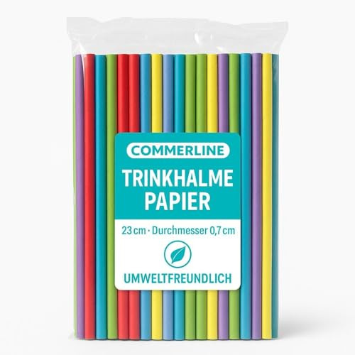 Commerline 100 Stück Papierstrohhalme, Trinkhalm mit Ø 7 mm, 23 cm, Bunte Cocktail-Strohhalme für Partys, Strohhalme aus Papier für Mixgetränke, Smoothies, biologisch abbaubar Trinkhalme Papier