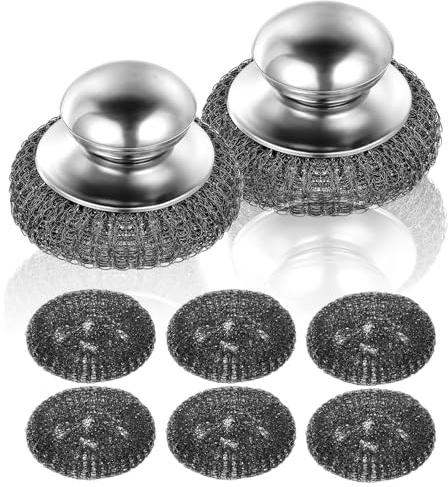8er Set Stahlschwamm Topfkratzer Edelstahl, 2 Topfreiniger mit 6 Ersatz-Stahlwolle, Effektive Reinigung für Töpfe und Pfannen, Langlebig und Rostbeständig