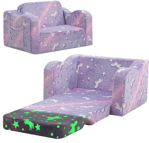 MeMoreCool Kids Sofa Bed, Toddler Fold Out Chair, Purple Unicorn | Soft Plush Fold Out Kids Sofa Bed with Glow In The Dark Design, Comfy Baby Recliner For Girls Boys Bedroom Playroom