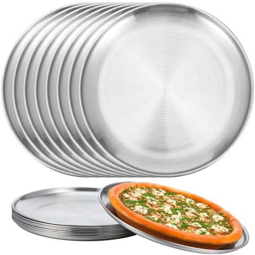 Yuanan 8 Pcs Silver Pizza Pans Bulk, 8 Inch Stainless Steel Round Bakeware Pizza Pan for Oven, Kitchen Baking, Home, Restaurant, Reusable Sturdy-Pizza Trays Easy Clean(428°F to 500°F)