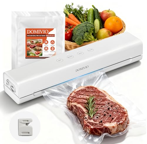DOMIVIO Vakuumiergerät 5 in 1, Vakuumierer Lebensmittel 8x Länger Frisch, Folienschweißgerät inkl.10 Vakuumierbeutel und Schlauch, <30cm lange & stabile Schweißnaht