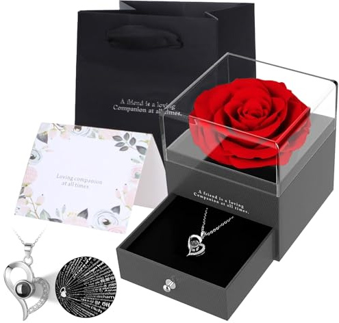 Zynxel Ewige Echte Rose mit Herz Halskette, konservierter Rosenschmuck, echte rote Rosenbox, Schmuck Geschenkbox, Rosenbox Geburtstag, Valentinstag, Hochzeitstag Geschenke für Sie Freundin Frauen