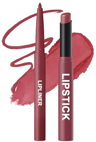 Combo Lèvre 2-en-1 Crayon à Lèvres + Rouge à Lèvres Mat, Couleur Intense et Longue Tenue, Texture Crémeuse et Confortable, Kit Maquillage Lèvres Naturelles et Élégantes #08