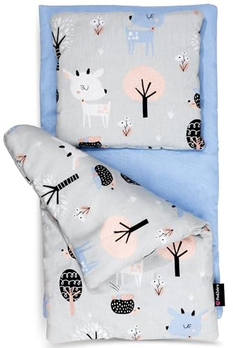 PinkZebra 3er Set Puppenbettwäsche für Puppenbett, Puppenbettzeug 3-teilig, Decke + Kissen + Matratze, aus Baumwolle für Puppen bis 43 cm, ÖKO-TEX, Bambi Grau