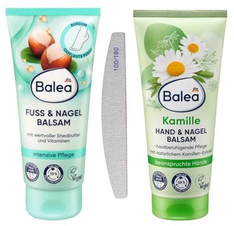 Balea - Juego de 2 bálsamos para pies y uñas, 100 ml + bálsamo de manos y uñas de manzanilla 100 ml + lima de uñas de grano extra