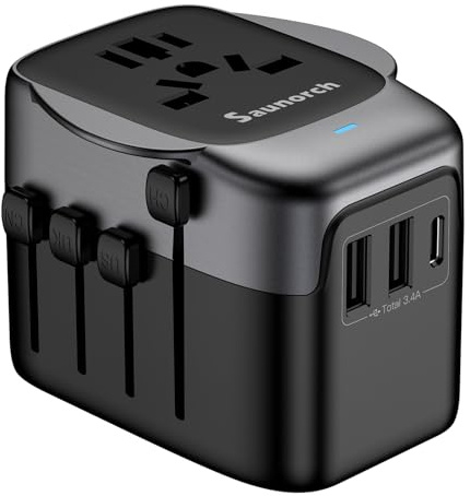 SAUNORCH Worldwide Travel Adapter, Universal Travel Plug Adapter with 2 USB-A & USB-C for USA, UK, EU, AU (Thailand & 200+ Countries) - All-in-One Holiday Essentials