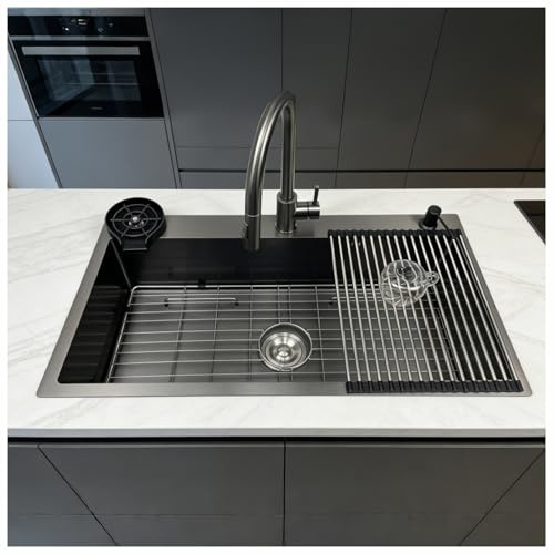Lavello Cucina 85x50 cm in Acciaio Inox Nero Antracite 1 Vasca con Rubinetto Estraibile,Lavabo con Scolapiatti,Dispenser Sapone,Griglia e Kit di Scarico Completo,Installazione da Appoggio o Sottopiano