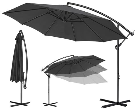 Ferzone Parasol Déporté Ø 3m avec Manivelle, Parasol de Jardin Exterieur Anti-UV & résistant au vent, Sun umbrella Petit Rotatif à 360 ° pour Marché Balcon Terrasse Piscine (Gris Noir)