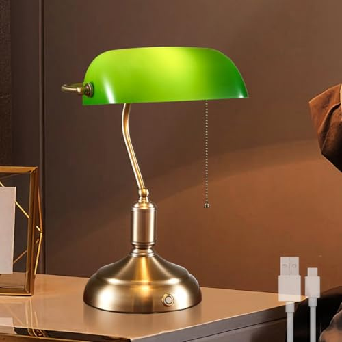 Kabellose Bankerlampe Groß 6000mAh Akku Tischlampe Aufladbar Dimmbare Vintage Nachttischlampe mit Touch-Steuerung und Kettenschalter 3 Farbtemperaturen E27 Tischleuchte Grün Gold Schreibtischlampe