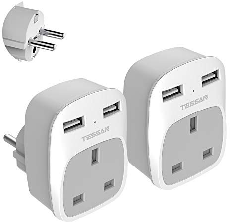 UK to European Plug Adapter 2 Pack, TESSAN Schuko Grounded Euro Plug Adapter with 2 USB Ports (1 USB C), Travel Adaptors UK to EU for Europe Spain Germany France Iceland Poland Russia (Type E F)