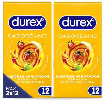 Durex Preservativos Saboréame, Sabores Afrutados Para una Diversión Extra, Fresa, Plátano, Naranja y Manzana, 2x12 condones
