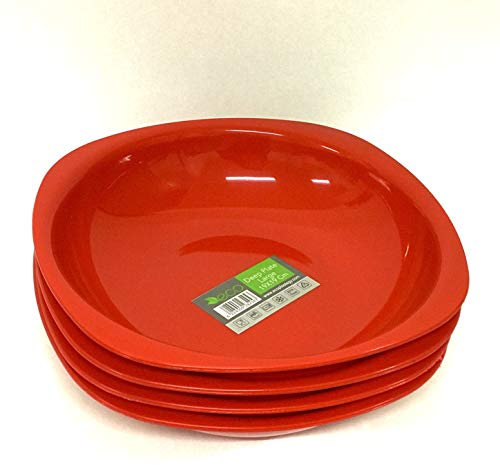 ECO 4 Pc Unbreakable Deep 19 x 19 cm Red Round Plastic Plates | Large High Edge Kids Plates | Stackable Plastic Plate Reusable for Birthdays, Picnic, BBQ & Parties (Red, Large)