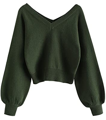 ZAFUL Women's Cropped Sweater V-Neck Long Sleeve Crop Sweater Pullover Jumper Knit Top (1-Green, M)